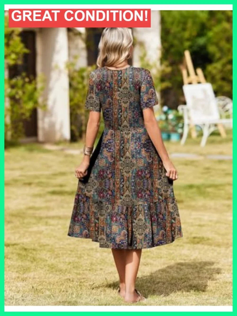 Short Sleeve Midi Wrap V-Neck Floral Tiered A-Line Dress with Pockets - Picture 5 of 6